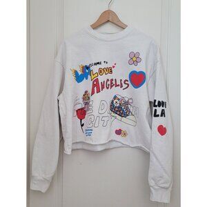 Welcome To Los Angeles Graphic White Cropped Crew Neck Sweatshirt Women's Sz L